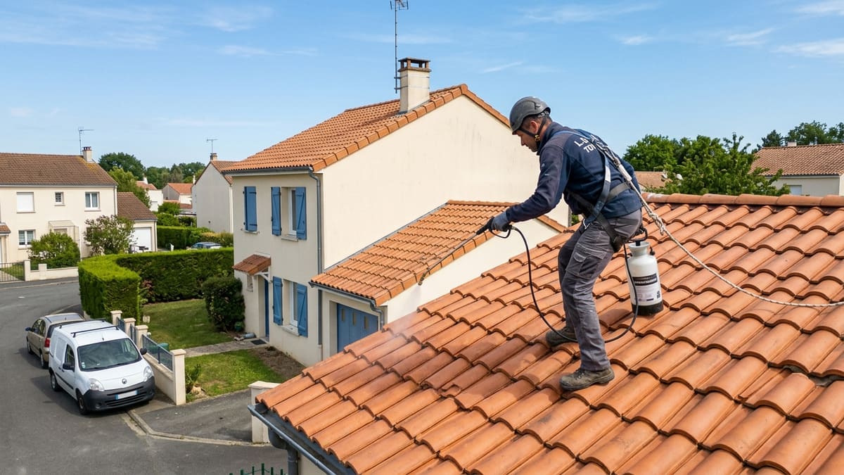 Un professionnel appliquant un traitement hydrofuge sur une toiture propre en tuiles