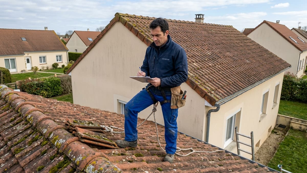 Un couvreur inspectant une toiture pour un démoussage fiable et un devis