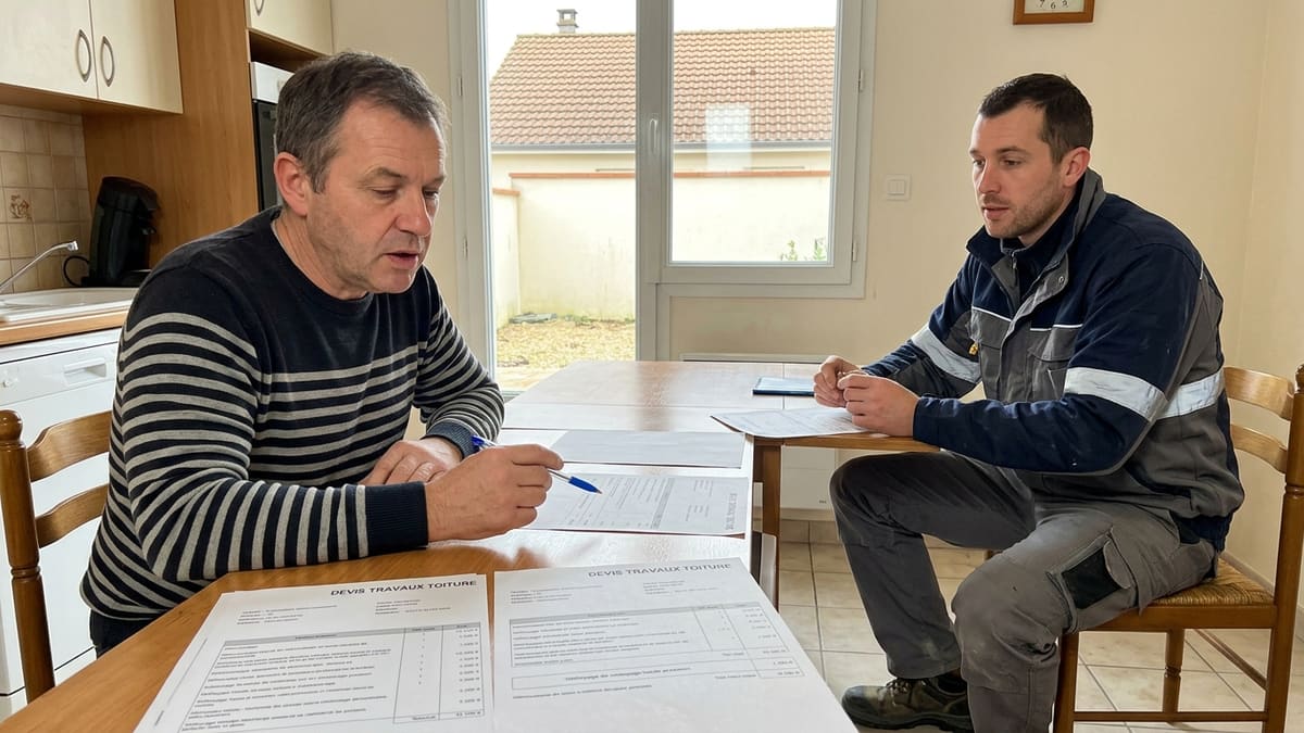 Un propriétaire vérifie attentivement un devis détaillé de démoussage de toiture