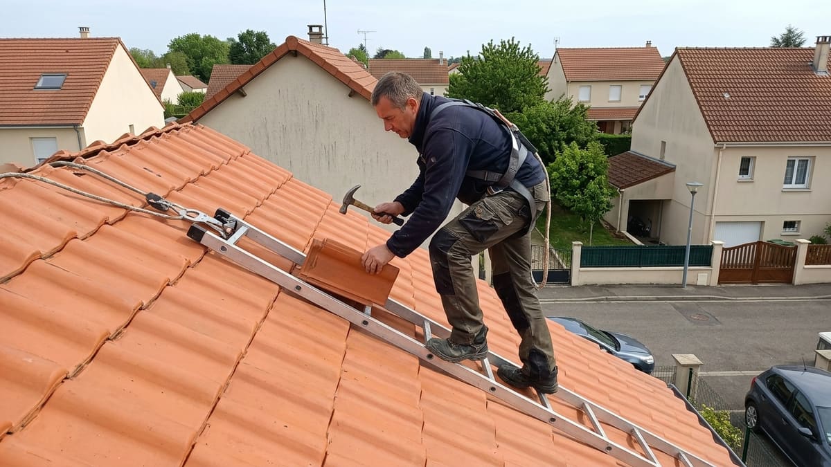 Équipements de sécurité sur un toit pour démoussage professionnel