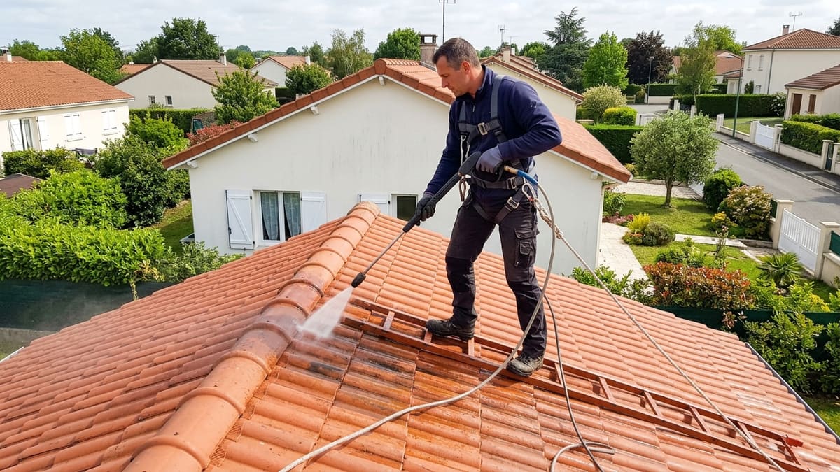 Un couvreur réalisant un démoussage de toiture en tuiles rouges avec un nettoyeur basse pression.