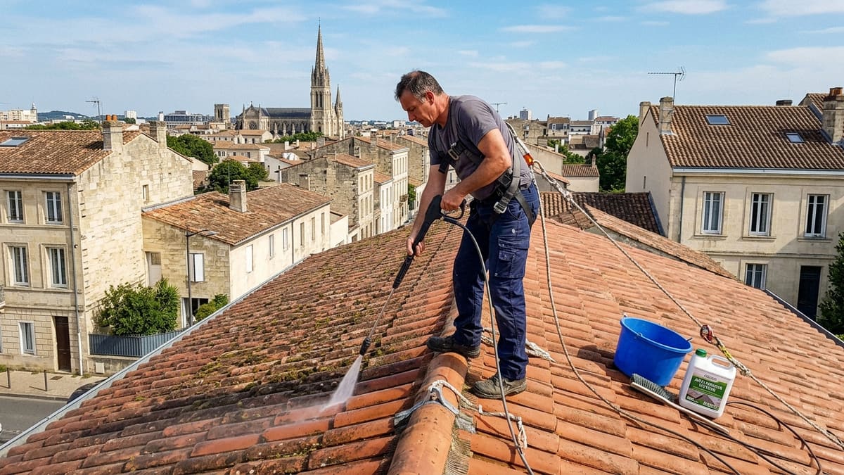 Processus détaillé de démoussage de toiture par une entreprise à Bordeaux