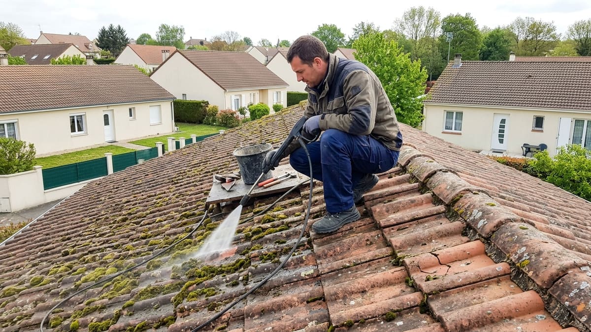 Tuiles poreuses et fissures dues aux mousses et lichens sur une toiture