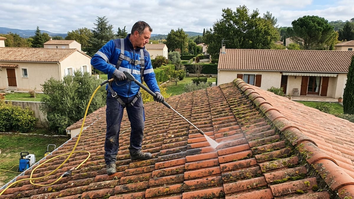 Un professionnel nettoyant une toiture moussue avec un équipement de protection et un nettoyeur basse pression