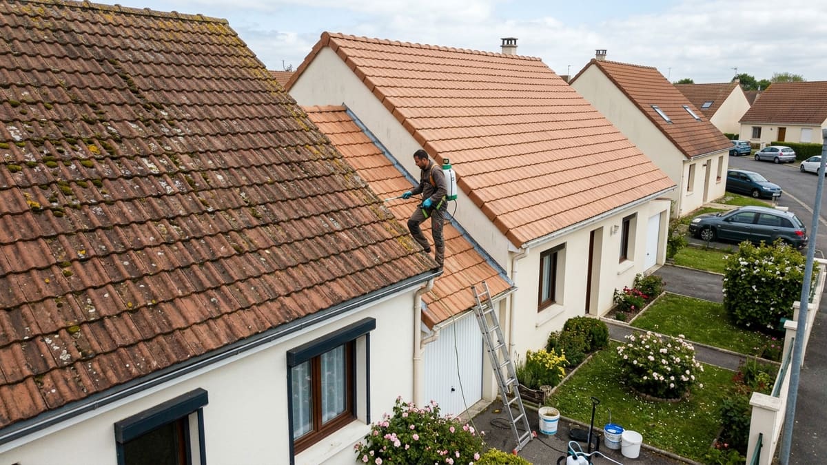 Différents types de toitures avec ou sans mousse avant et après application anti-mousse toiture