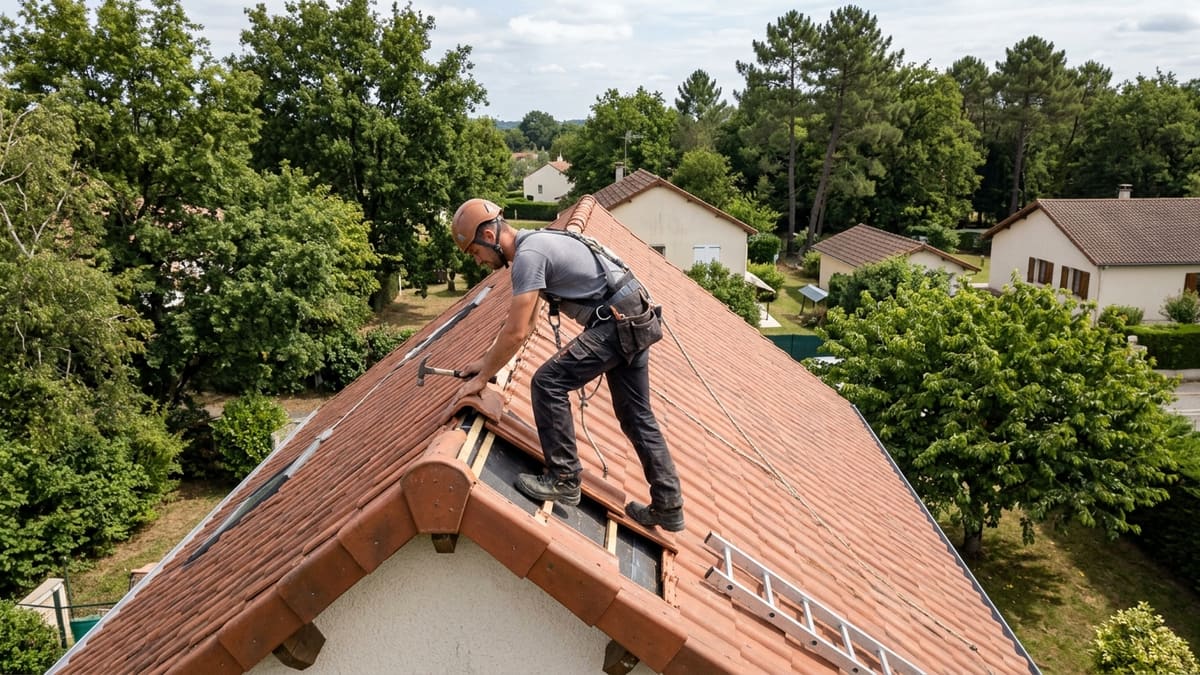 Facteurs influençant le coût d un démoussage de toiture : ouvrier sur échelle accédant à un toit