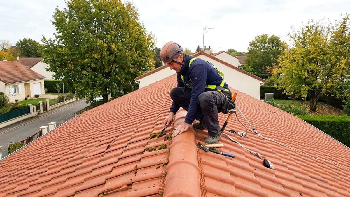 Un couvreur qualifié pour le démoussage de toiture inspectant une toiture